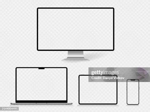 set of smart devices with blank screen isolated on transparency grid layer - white background stock illustrations