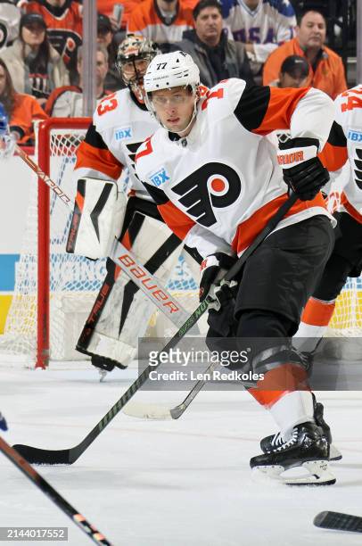 Erik Johnson of the Philadelphia Flyers poised on defense against the New York Islanders at the Wells Fargo Center on April 1, 2024 in Philadelphia,...