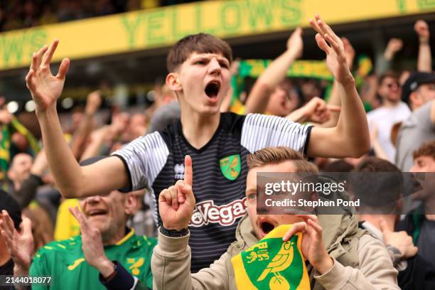 Norwich City fans celebrate victory following the Sky Bet Championship match between Norwich City and Ipswich Town at Carrow Road on April 06, 2024...