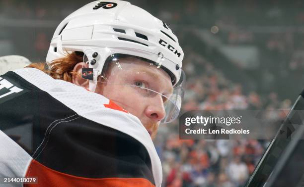 Owen Tippett of the Philadelphia Flyers watches the play on the ice during the first period against the New York Islanders at the Wells Fargo Center...