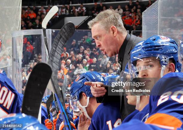 Head Coach of the New York Islanders Patrick Roy reacts from his bench during the first period against the Philadelphia Flyers at the Wells Fargo...