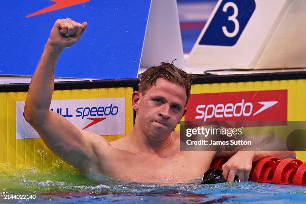 Tobias Robinson of Loughborough University reacts after competing in the Men's 800m Freestyle - Fastest Heats during day five of the British Swimming...