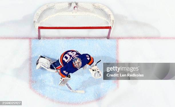 Semyon Varlamov of the New York Islanders tends goal against the Philadelphia Flyers at the Wells Fargo Center on April 1, 2024 in Philadelphia,...