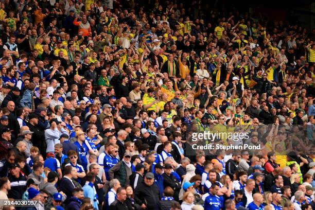 Norwich City fans celebrate victory following the Sky Bet Championship match between Norwich City and Ipswich Town at Carrow Road on April 06, 2024...
