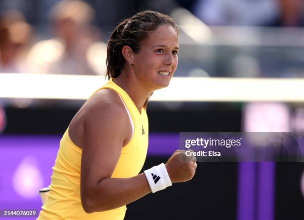 Daria Kasatkina celebrates after defeating Jessica Pegula of the United States during the semifinal match on Day 6 of the WTA 500 Credit One...