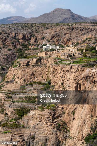 village and terrace fields in jebel akhdar mountains, oman - unesco world heritage site stock pictures, royalty-free photos & images