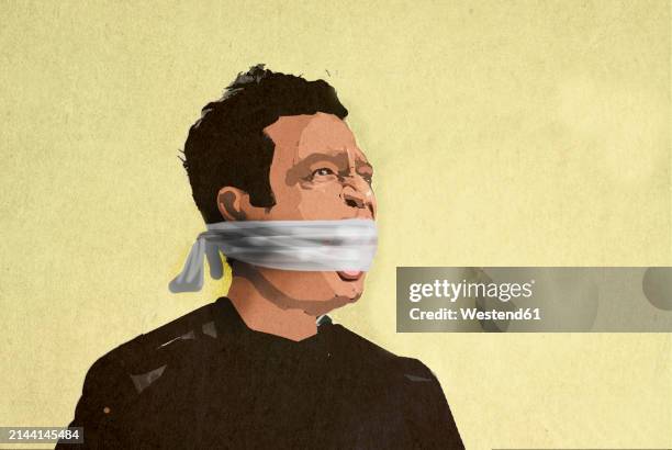 man with mouth gagged by cloth against yellow background - kommunikationsproblem stock-grafiken, -clipart, -cartoons und -symbole