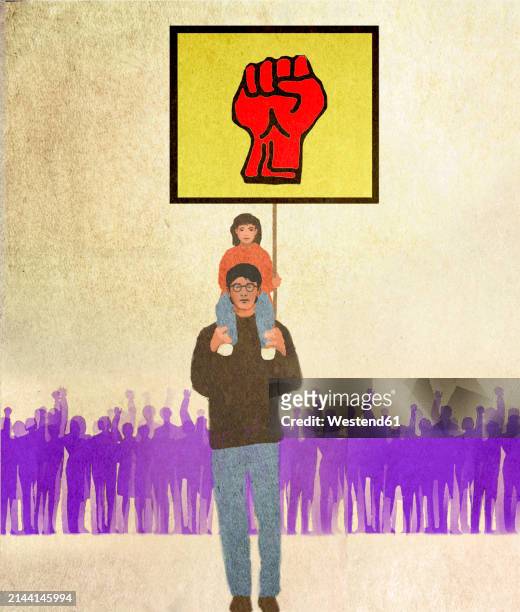 man carrying daughter on shoulders holding protest sign in front of crowd - black lives matter children stock illustrations