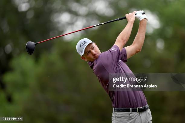 Brendon Todd of the United States plays his tee shot on the 4th hole during the third round of the Valero Texas Open at TPC San Antonio on April 06,...