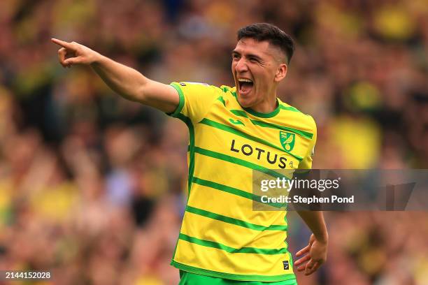 Marcelino Nunez of Norwich City celebrates scoring the opening goal during the Sky Bet Championship match between Norwich City and Ipswich Town at...