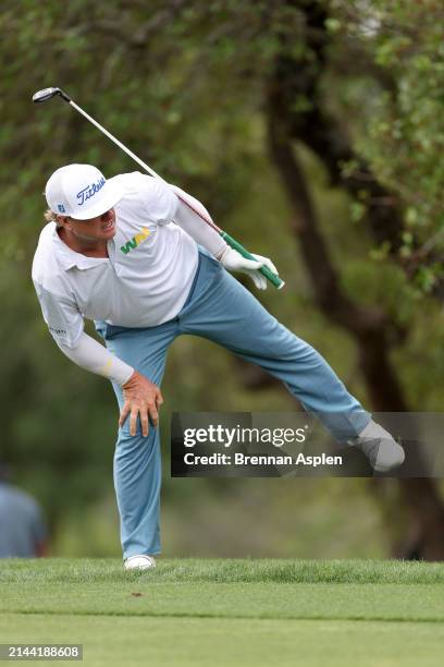 Charley Hoffman of the United States plays his second shoot on the 18th hole during the third round of the Valero Texas Open at TPC San Antonio on...