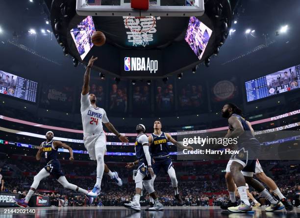 Norman Powell of the LA Clippers scores during a 102-100 Clippers win over the Denver Nuggets at Crypto.com Arena on April 04, 2024 in Los Angeles,...