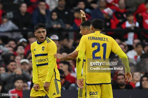 Luca Langoni of Boca Juniors celebrates after scoring the team's second goal with teammates during a Copa de la Liga Profesional 2024 match between...