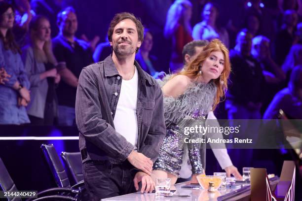 Max Giesinger and Palina Rojinski are seen on stage during the first showing of Season 10 of "The Masked Singer" at MMC Studios on April 06, 2024 in...