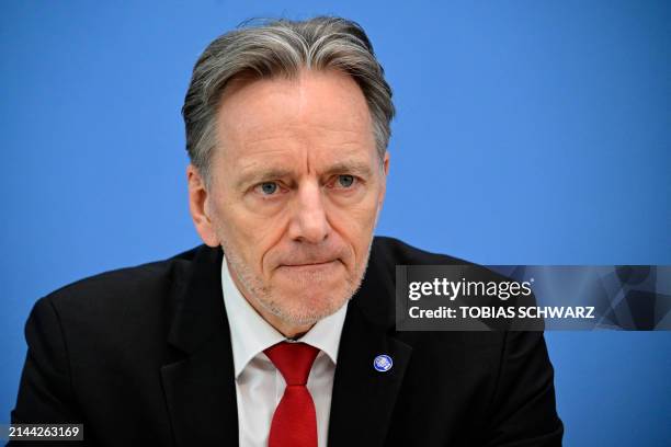 The president of the Federal Criminal Police Office Holger Muench attends a press conference to present Germany's 2023 criminal statistics, on April...
