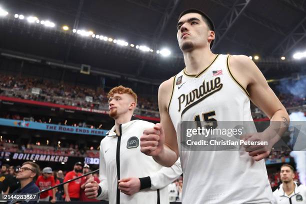 Zach Edey of the Purdue Boilermakers takes the court before the NCAA Men's Basketball Tournament Final Four semifinal game against the North Carolina...