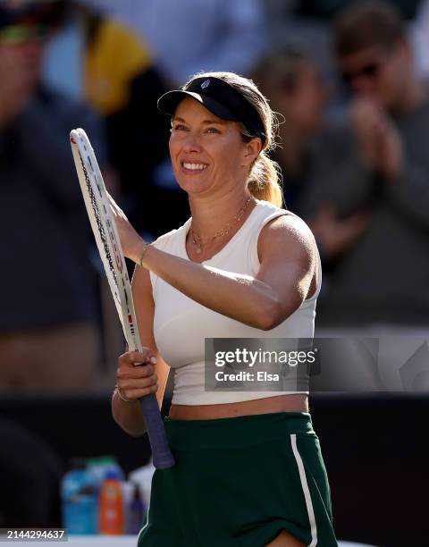 Danielle Collins of the United States celebrates her match win over Maria Sakkari of Greece in the semifinal match on Day 6 of the WTA 500 Credit One...