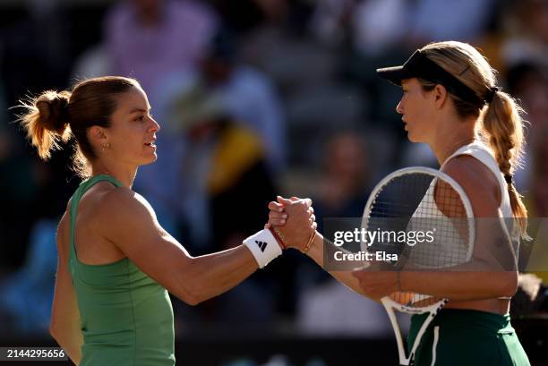 Maria Sakkari of Greece congratulates Danielle Collins of the United States after Collins won the semifinal match on Day 6 of the WTA 500 Credit One...