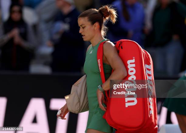 Maria Sakkari of Greece walks off the court after losing to Danielle Collins of the United States during the semifinal match on Day 6 of the WTA 500...