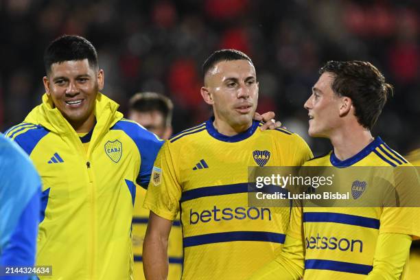 Marcos Rojo, Norberto Briasco and Jabes Saralegui of Boca Juniors react after winning a Copa de la Liga Profesional 2024 match between Newell's Old...