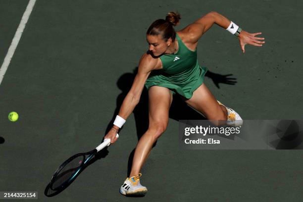 Maria Sakkari of Greece is unable to play the ball in the first set against Danielle Collins of the United States during the semifinal match on Day 6...