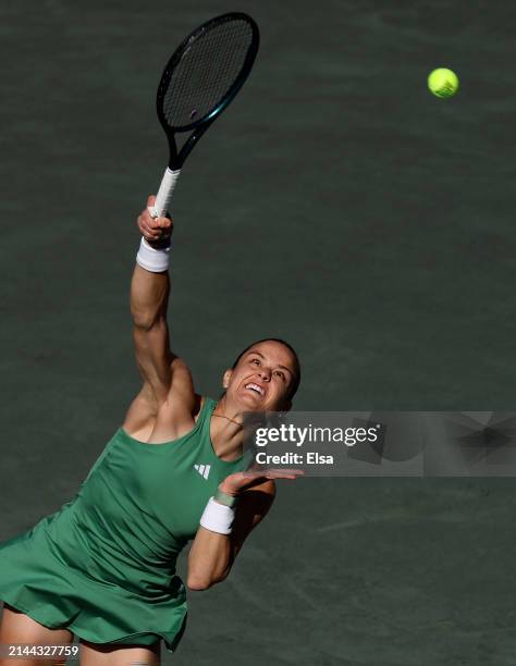 Maria Sakkari of Greece serves the ball to Danielle Collins of the United States during the semifinal match on Day 6 of the WTA 500 Credit One...