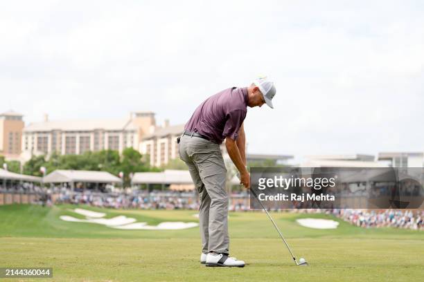 Brendon Todd of the United States plays his tee shot on the 16th hole during the third round of the Valero Texas Open at TPC San Antonio on April 06,...