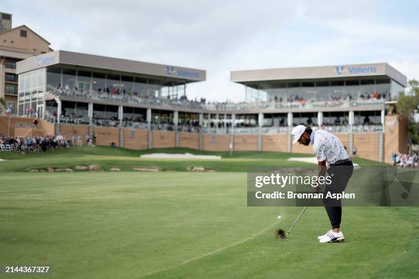 Akshay Bhatia of the United States plays his second shot on the 18th during the third round of the Valero Texas Open at TPC San Antonio on April 06,...