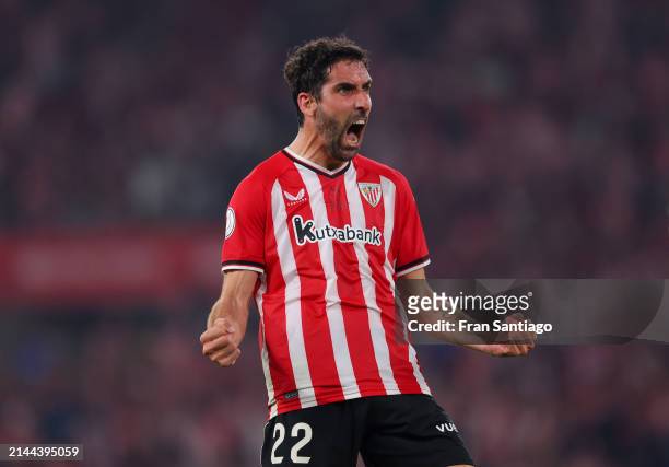 Raul Garcia of Athletic Club celebrates scoring his team's first penalty in the shootout during the Copa Del Rey Final between Athletic Club and Real...