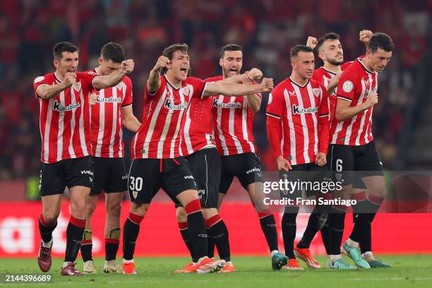 Athletic Club players react in the penalty shootout during the Copa Del Rey Final between Athletic Club and Real Mallorca at Estadio de La Cartuja on...