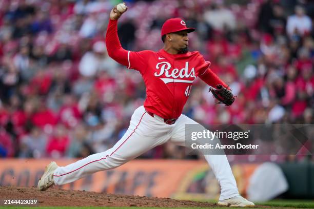 Alexis Diaz of the Cincinnati Reds throws in the ninth inning against the New York Mets at Great American Ball Park on April 06, 2024 in Cincinnati,...