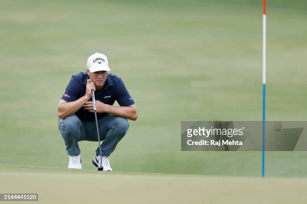 Alex Noren of Sweden prepares to play his putt on the 1st hole during the third round of the Valero Texas Open at TPC San Antonio on April 06, 2024...