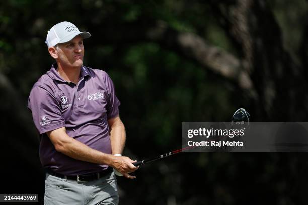 Brendon Todd of the United States plays his tee shot on the 14th hole during the third round of the Valero Texas Open at TPC San Antonio on April 06,...