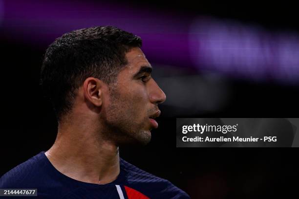 Achraf Hakimi of Paris Saint-Germain looks on during the Ligue 1 Uber Eats match between Paris Saint-Germain and Clermont Foot 63 at Parc des Princes...