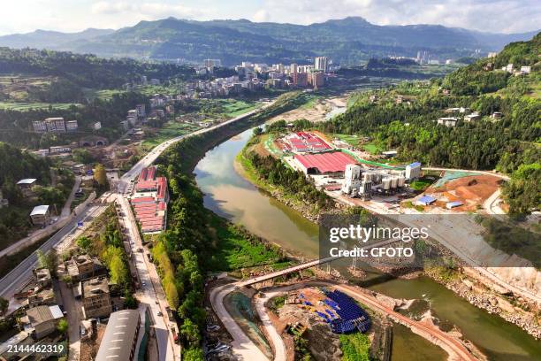 View overlooking the construction site of Qingyukou Reservoir, a major national water conservancy project, in Tongjiang county, Bazhong city, Sichuan...