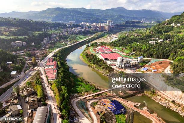 View overlooking the construction site of Qingyukou Reservoir, a major national water conservancy project, in Tongjiang county, Bazhong city, Sichuan...