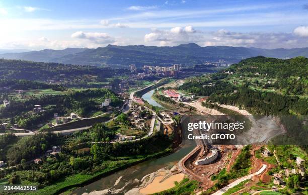 View overlooking the construction site of Qingyukou Reservoir, a major national water conservancy project, in Tongjiang county, Bazhong city, Sichuan...