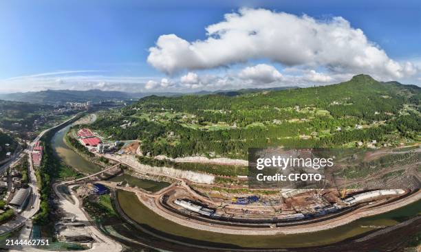 View overlooking the construction site of Qingyukou Reservoir, a major national water conservancy project, in Tongjiang county, Bazhong city, Sichuan...