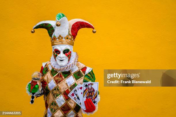 Portrait of a masked person in a creative harlequin costume, posing in front of a yellow wall on the island of Burano, celebrating the Venetian...