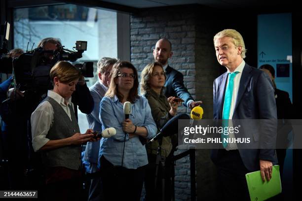 Dutch far-right PVV party leader Geert Wilders speaks to the press before the start of follow-up government formation talks with informants Elbert...
