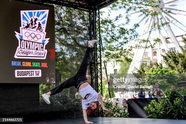 Hungarian breakdancer Csenge Szarvak performs during a press conference of the Olympic Qualifier Series in Budapest, Hungary, April 9, 2024.
