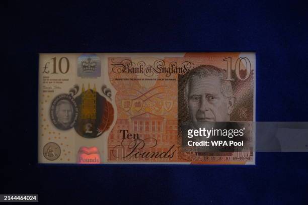 Bank note bearing a portrait of King Charles III, which will enter circulation on June 5, presented to the King by the Bank of England Governor...