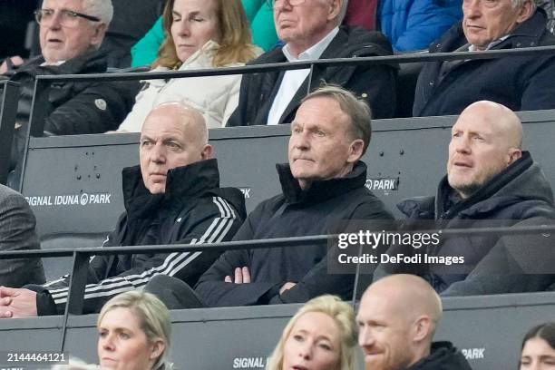 President Bernd Neuendorf of Germany, Hans-Joachim Watzke of Borussia Dortmund and Matthias Sammer look on during the Bundesliga match between...