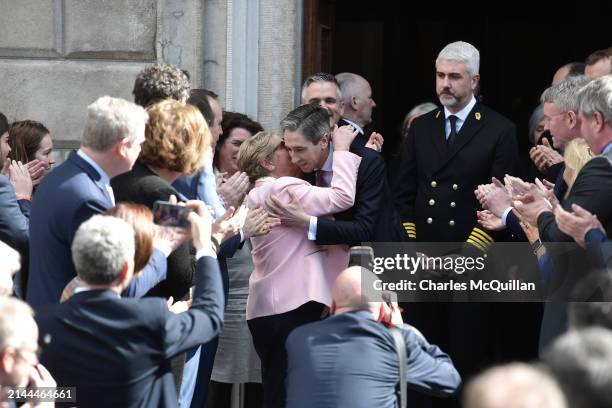 Simon Harris is greeted by Fine Gael TD’s after being appointed Taoiseach outside Leinster House on April 9, 2024 in Dublin, Ireland. At 37, Simon...