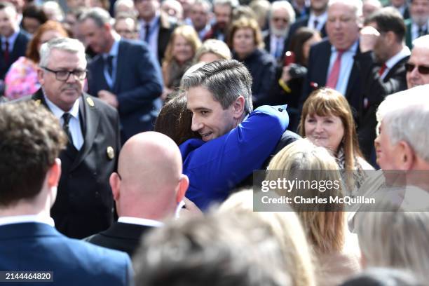 Simon Harris is greeted by Fine Gael TD’s after being appointed Taoiseach outside Leinster House on April 9, 2024 in Dublin, Ireland. At 37, Simon...