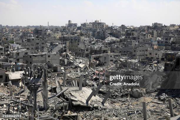 View of the destruction after Israeli forces' withdrawal from Khan Yunis, Gaza on April 09, 2024. Settlements, avenues and streets in the city of...