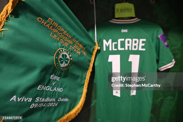 Dublin , Ireland - 9 April 2024; The match pennant and jersey of captain Katie McCabe in the Republic of Ireland dressingroom before the UEFA Women's...