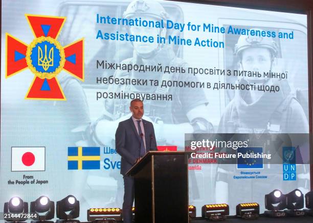 Deputy Resident Representative of UNDP in Ukraine Christophoros Politis speaks during the ceremony to hand over certificates for equipment to 202...