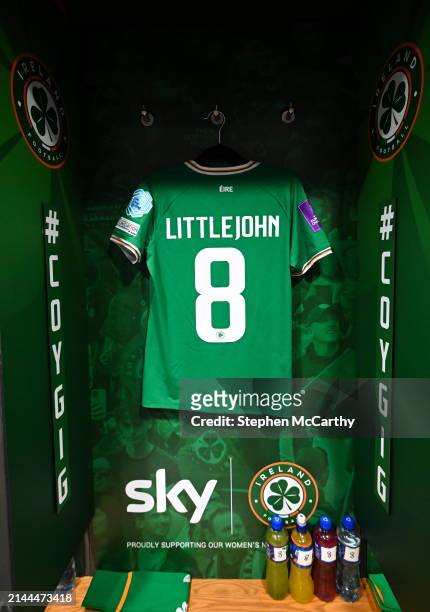 Dublin , Ireland - 9 April 2024; The jersey of Ruesha Littlejohn in the Republic of Ireland dressingroom before the UEFA Women's European...