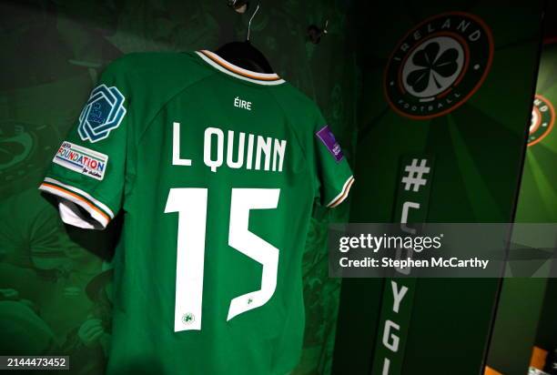 Dublin , Ireland - 9 April 2024; The jersey of Lucy Quinn in the Republic of Ireland dressingroom before the UEFA Women's European Championship...